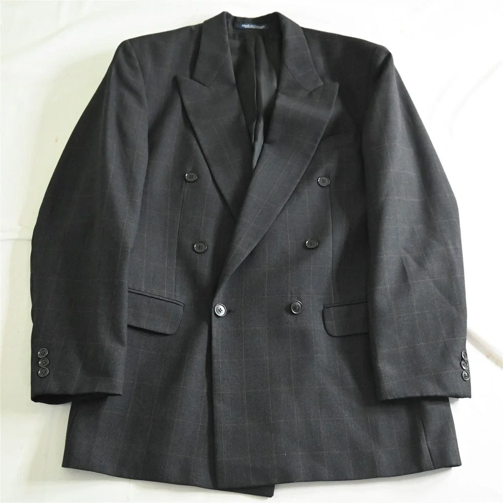 Vtg Bachrach 40L Tall Brown Windowpane Double Breasted Blazer Jacket Sport Coat‎